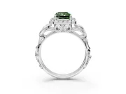 Halo Engagement Ring Setting for Fancy Green Radiant Cut Center with Open Scroll Shoulders and Prong Head in Platinum
