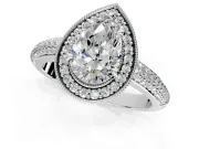 Milgrain Halo Engagement Ring Setting for Pear-Shaped Center with Three-Sided Pave Band and Prong Head in White Gold