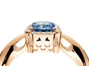 Halo Engagement Ring Setting for Fancy Blue Emerald Cut Center with Tapered Plain Band and Prong Head in Rose Gold