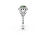 Double Halo Engagement Ring Setting for Fancy Green Cushion Cut Center with Narrow Pave Split Shank and Prong Head in White Gold