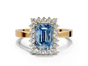 Starburst Halo Engagement Ring Setting for Fancy Blue Emerald Cut Center with Flat Cathedral Band and Prong Head in Yellow Gold