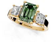3 Stone Engagement Ring Setting for Fancy Green Emerald Cut Center with Matching Side Accents and Prong Head in Yellow Gold