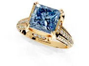 Solitaire Engagement Ring Setting for Fancy Blue Princess Cut Center with Accented Split Shank and Prong Head in Yellow Gold