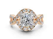 Halo Engagement Ring Setting for Princess Cut Center with Pave Infinity Twist Band and Prong Head in Rose Gold