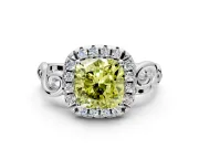 Halo Engagement Ring Setting for Fancy Yellow Cushion Cut Center with Open Scroll Shoulders and Prong Head in Sterling Silver