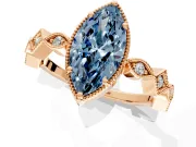 Milgrain Bezel Engagement Ring Setting for Fancy Blue Marquise Center with Marquise Stations and Bezel Head in Rose Gold