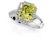 Halo Engagement Ring Setting for Fancy Yellow Radiant Cut Center with Knife Ridge Cathedral Band and Prong Head in White Gold