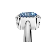Halo Engagement Ring Setting for Fancy Blue Radiant Cut Center with Tapered Plain Band and Prong Head in White Gold
