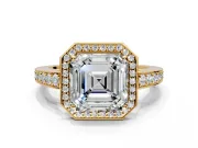 Bezel-Framed Halo Engagement Ring Setting for Asscher Cut Center with Pave Band and Prong Head in Yellow Gold