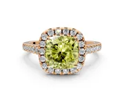 Halo Engagement Ring Setting for Fancy Yellow Cushion Cut Center with Raised Halo, Pave Band and Prong Head in Rose Gold