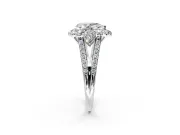 Halo Engagement Ring Setting for Pear-Shaped Center with Two-Strand Split Shank and Prong Head in Platinum