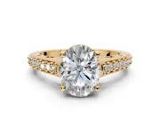 Solitaire Engagement Ring Setting for Oval Center with Pave Cathedral Band and Prong Head in Yellow Gold