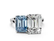 Fancy Blue Emerald Cut and Emerald Cut Lab-Grown Diamond Toi et Moi Engagement Ring with Prong-Set Stones in White Gold