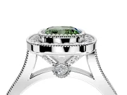 Halo Engagement Ring Setting for Fancy Green Cushion Cut Center with Milgrain Frame, Pave Band and Prong Head in Sterling Silver