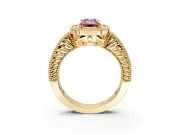 Milgrain Halo Engagement Ring Setting for Fancy Pink Emerald Cut Center with Pave Band and Prong Head in Yellow Gold