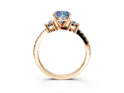 3 Stone Engagement Ring Setting for Fancy Blue Cushion Cut Center with Round Cut Side Accents and Prong Head in Rose Gold