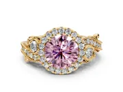 Milgrain Halo Engagement Ring Setting for Fancy Pink Round Cut Center with Shoulder Bezels and Prong Head in Yellow Gold