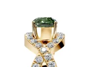 Halo Engagement Ring Setting for Fancy Green Cushion Cut Center with Pave Infinity Twist Band and Prong Head in Yellow Gold