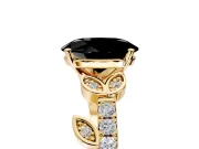 Leaf Motif Engagement Ring Setting for Fancy Black Oval Center with Pave Band and Prong Head in Yellow Gold
