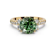 Paired Accent Engagement Ring Setting for Fancy Green Round Cut Center with Pave Band and Prong Head in Yellow Gold