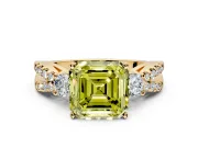 3 Stone Engagement Ring Setting for Fancy Yellow Asscher Cut Center with Pave Split Shank and Prong Head in Yellow Gold