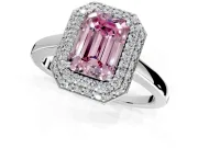 Halo Engagement Ring Setting for Fancy Pink Emerald Cut Center with Plain Tapered Band and Prong Head in Platinum