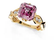 Solitaire Engagement Ring Setting for Fancy Pink Asscher Cut Center with Accented Twist Band and Leaf Prong Head in Yellow Gold