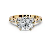 Paired Accent Engagement Ring Setting for Cushion Cut Center with Pave Band and Prong Head in Yellow Gold