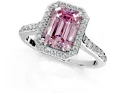 Halo Engagement Ring Setting for Fancy Pink Emerald Cut Center with Pave Accents, Heart Basket and Prong Head in Platinum