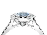 Halo Engagement Ring Setting for Fancy Blue Pear-Shaped Center with Milgrain Pave Band and Bezel Head in Sterling Silver