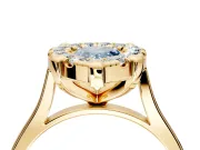 Single Halo Engagement Ring Setting for Fancy Blue Pear-Shaped Center with Corner Claws, Plain Band and Prong Head in Yellow Gold