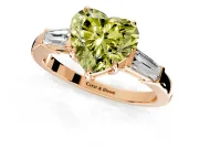 3 Stone Engagement Ring Setting for Fancy Yellow Heart-Shaped Center with Baguette Accents and Prong Head in Rose Gold