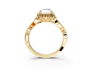 Halo Engagement Ring Setting for Radiant Cut Center with Leaf Motif Split Shank and Prong Head in Yellow Gold