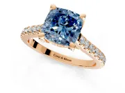 Solitaire Engagement Ring Setting for Fancy Blue Cushion Cut Center with Widening Pave Band and Claw Prong Head in Rose Gold