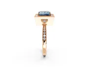 Halo Engagement Ring Setting for Fancy Blue Princess Cut Center with Milgrain Rim, Pave Band and Prong Head in Rose Gold