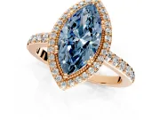Halo Engagement Ring Setting for Fancy Blue Marquise Center with Inner Milgrain Border and Prong Head in Rose Gold