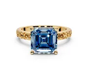 Solitaire Engagement Ring Setting for Fancy Blue Asscher Cut Center with Scrollwork Band and Prong Head in Yellow Gold