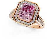 Halo Engagement Ring Setting for Fancy Pink Radiant Cut Center with Outer Bezel Rim, Pave Band and Prong Head in Rose Gold