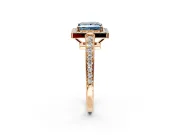 Bezel-Framed Halo Engagement Ring Setting for Fancy Blue Princess Cut Center with Pave Band and Prong Head in Rose Gold