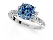 Paired Accent Engagement Ring Setting for Fancy Blue Cushion Cut Center with Pave Band and Prong Head in Platinum