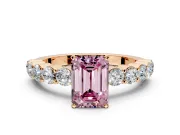 Shared-Prong Engagement Ring Setting for Fancy Pink Emerald Cut Center with Graduated Accents and Prong Head in Rose Gold