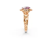 Halo Engagement Ring Setting for Fancy Pink Oval Center with Open Scroll Shoulders and Prong Head in Rose Gold