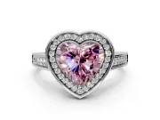 Halo Engagement Ring Setting for Fancy Pink Heart-Shaped Center with Outer Bezel Rim, Pave Band and Prong Head in Platinum