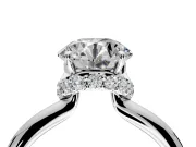 Hidden Halo Engagement Ring Setting for Round Cut Center with Plain Rounded Band and Prong Head in Sterling Silver