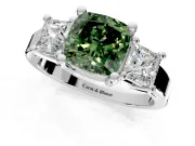 3 Stone Engagement Ring Setting for Fancy Green Cushion Cut Center with Matching Side Accents and Prong Head in Platinum