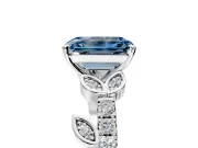 Leaf Motif Engagement Ring Setting for Fancy Blue Emerald Cut Center with Pave Band and Prong Head in Platinum