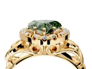 Halo Engagement Ring Setting for Fancy Green Heart-Shaped Center with Open Scroll Shoulders and Prong Head in Yellow Gold
