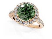 Halo Engagement Ring Setting for Fancy Green Round Cut Center with Narrowing Pave Band and Prong Head in Rose Gold