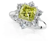 Small-Accent Cluster Halo Engagement Ring Setting for Fancy Yellow Princess Cut Center with Plain Band and Prong Head in Platinum