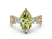 3 Stone Engagement Ring Setting for Fancy Yellow Marquise Center with Pave Twist Band and Prong Head in Yellow Gold